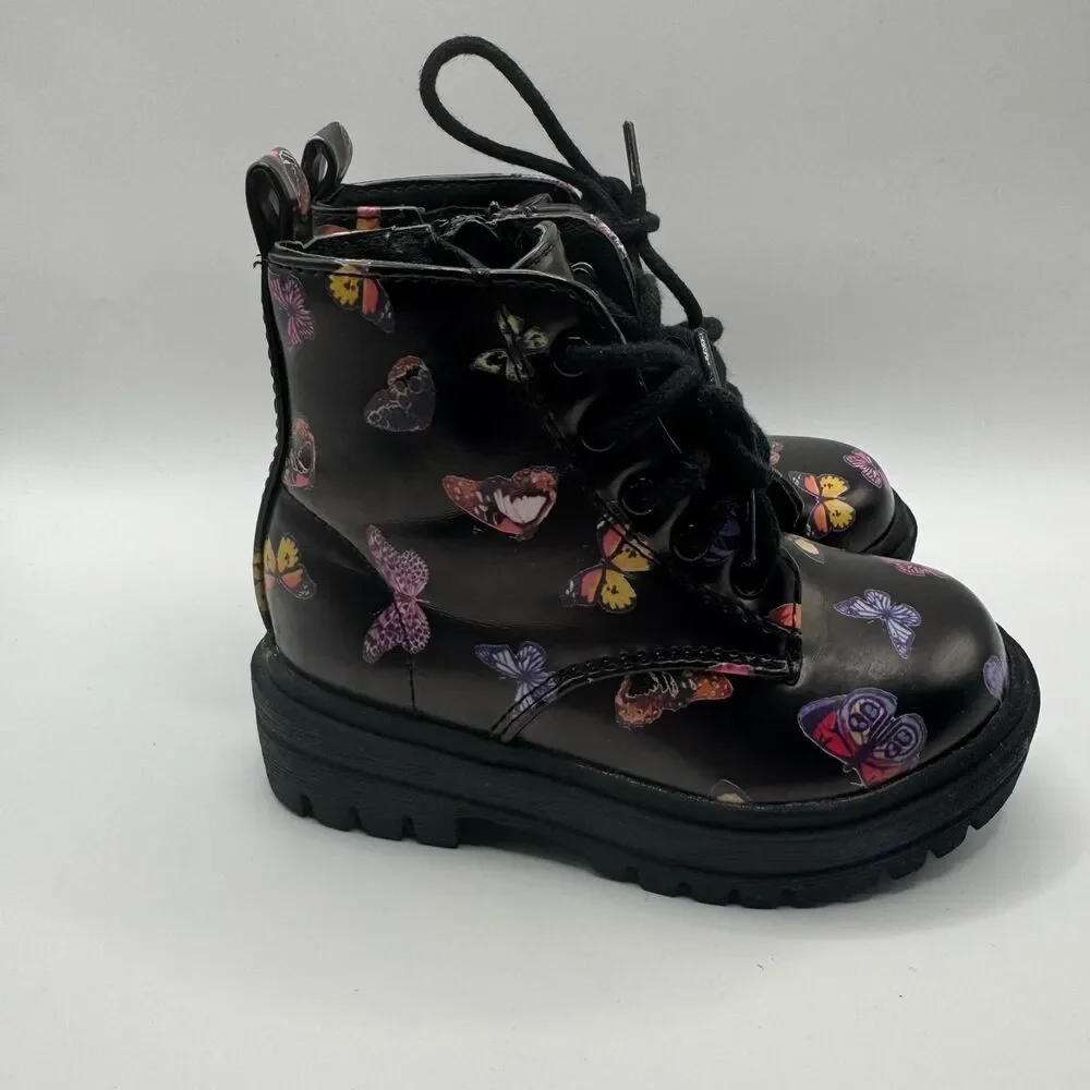 Unr8ed Toddler Size 5 Black Butterfly Boots Lace Up Side Zipper Combat Edgy Alt